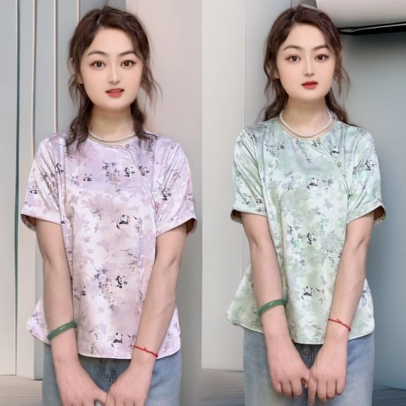 2025新款女款短袖立领套头提花上衣百搭舒适小衫休闲时尚【熊猫】