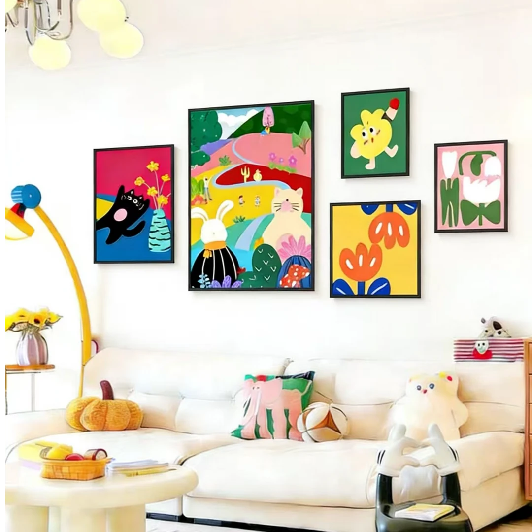 多巴胺客厅组合装饰画趣味卡通沙发背景墙挂画ins风卧室壁画500