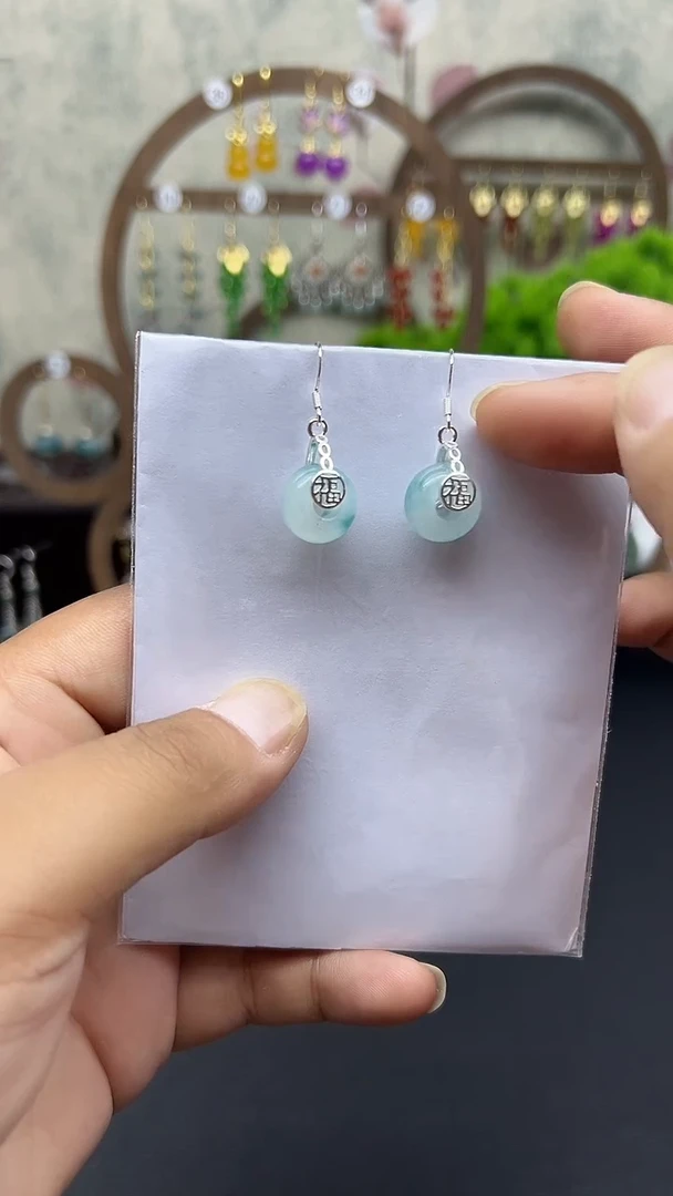 银S925镶嵌石英质玉（天山翠）耳饰003