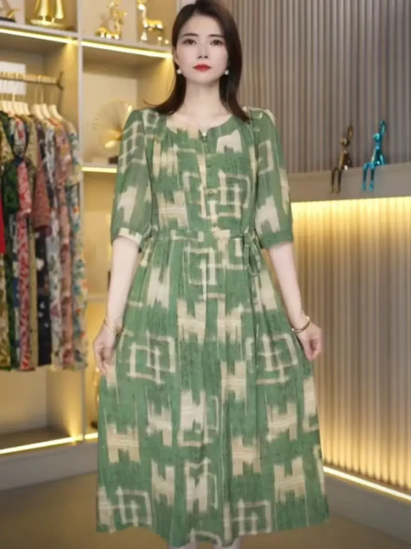 2025夏季新款中老年妈妈装宽松显瘦中长款气质洋气连衣裙有口袋