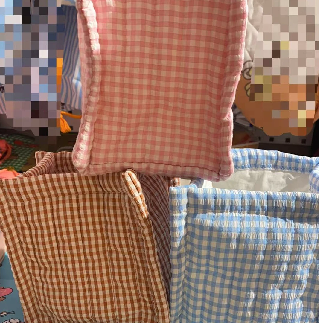 小格子图案棉质方形收纳包 三色选