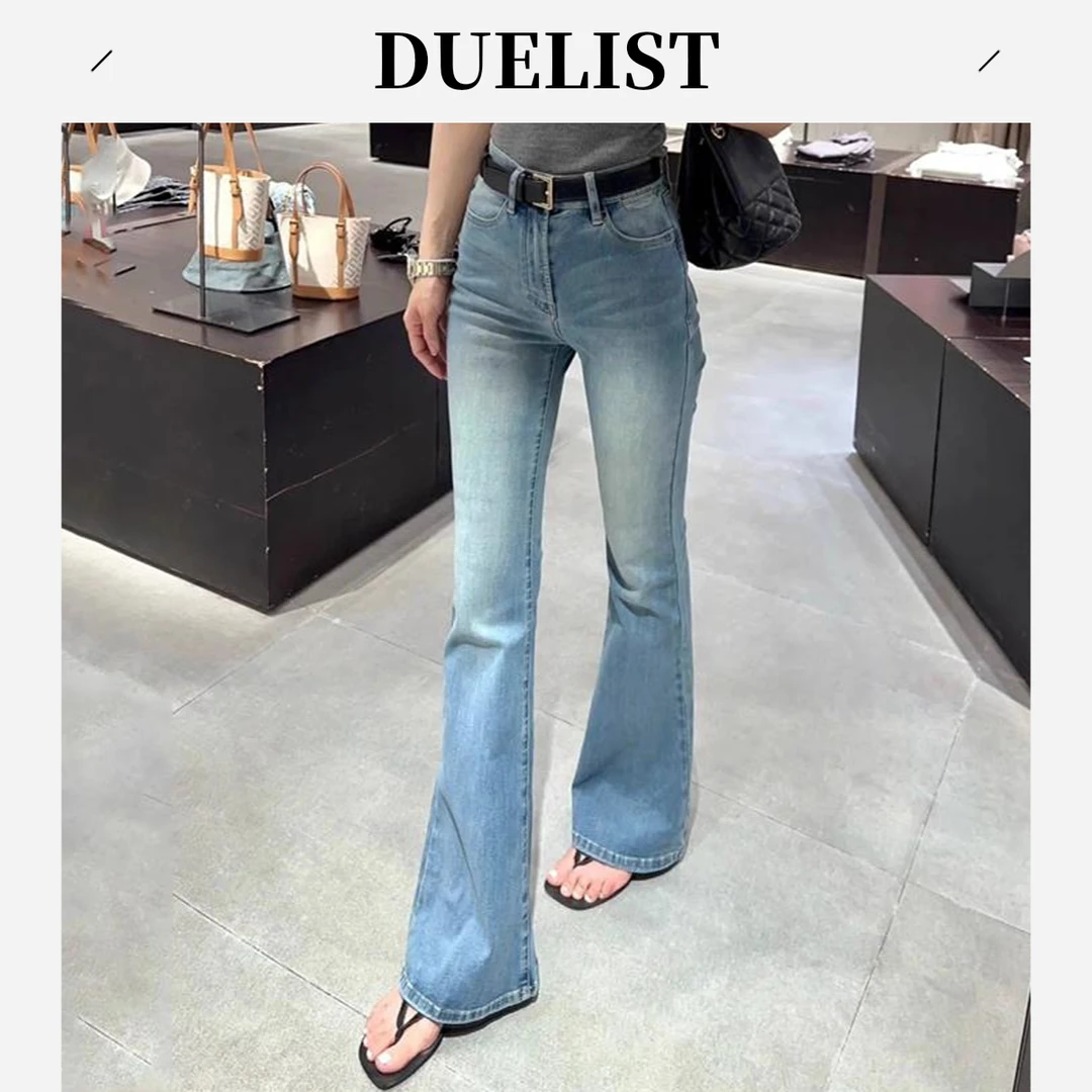 DUELIST美式浅色拖地高腰微喇叭牛仔裤女年春季新款直筒显瘦修身