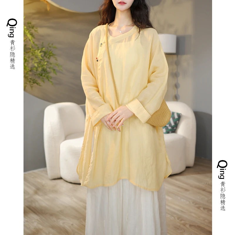 6350宽松复古高级感独特衬衫2025春夏斜襟珠扣苎麻中长款上衣