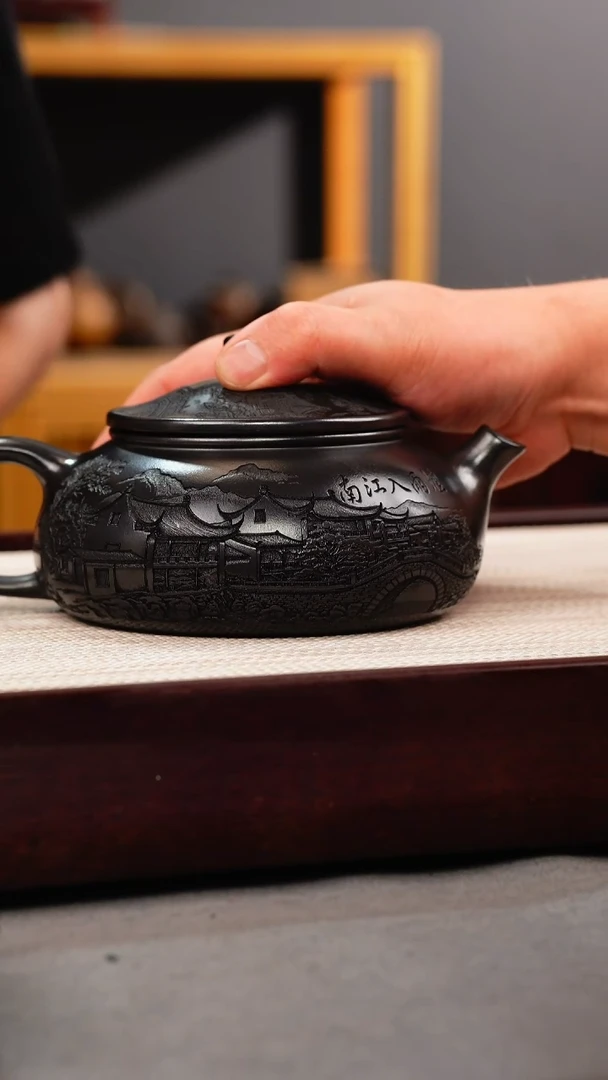 茶杯紫砂石黄 大寒江 刻绘