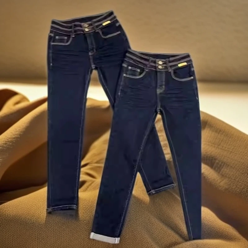 2025秋季新款弹力直筒牛仔裤大码梨形身材高腰显瘦九分烟管小脚裤