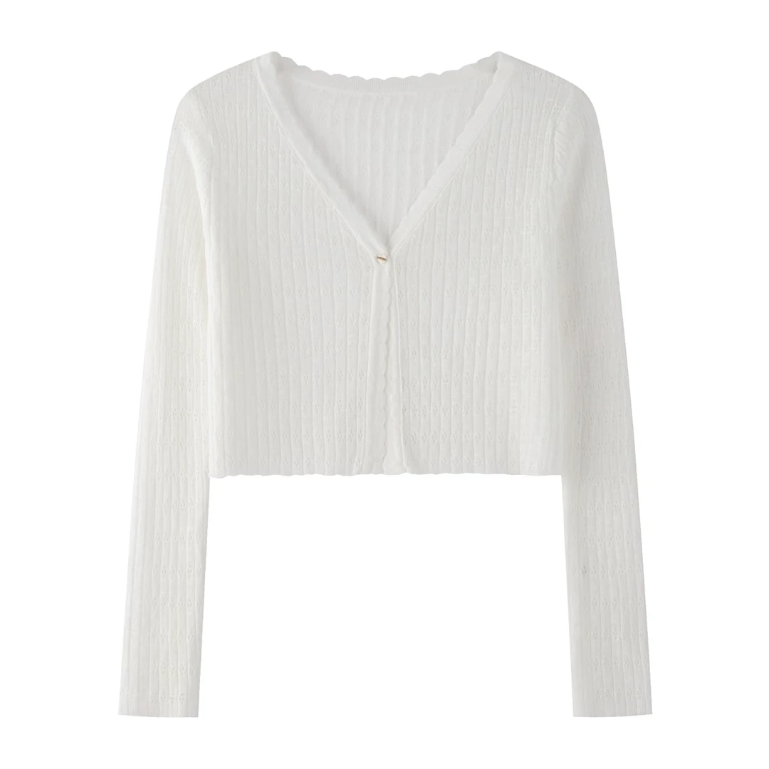 羊城故事-韩系百搭镂空短款长袖清透修身纯色针织开衫8602