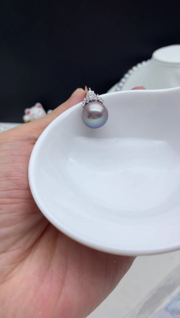 银S925镶嵌FF淡水珍珠紫珠吊坠（赠链）13~14mm