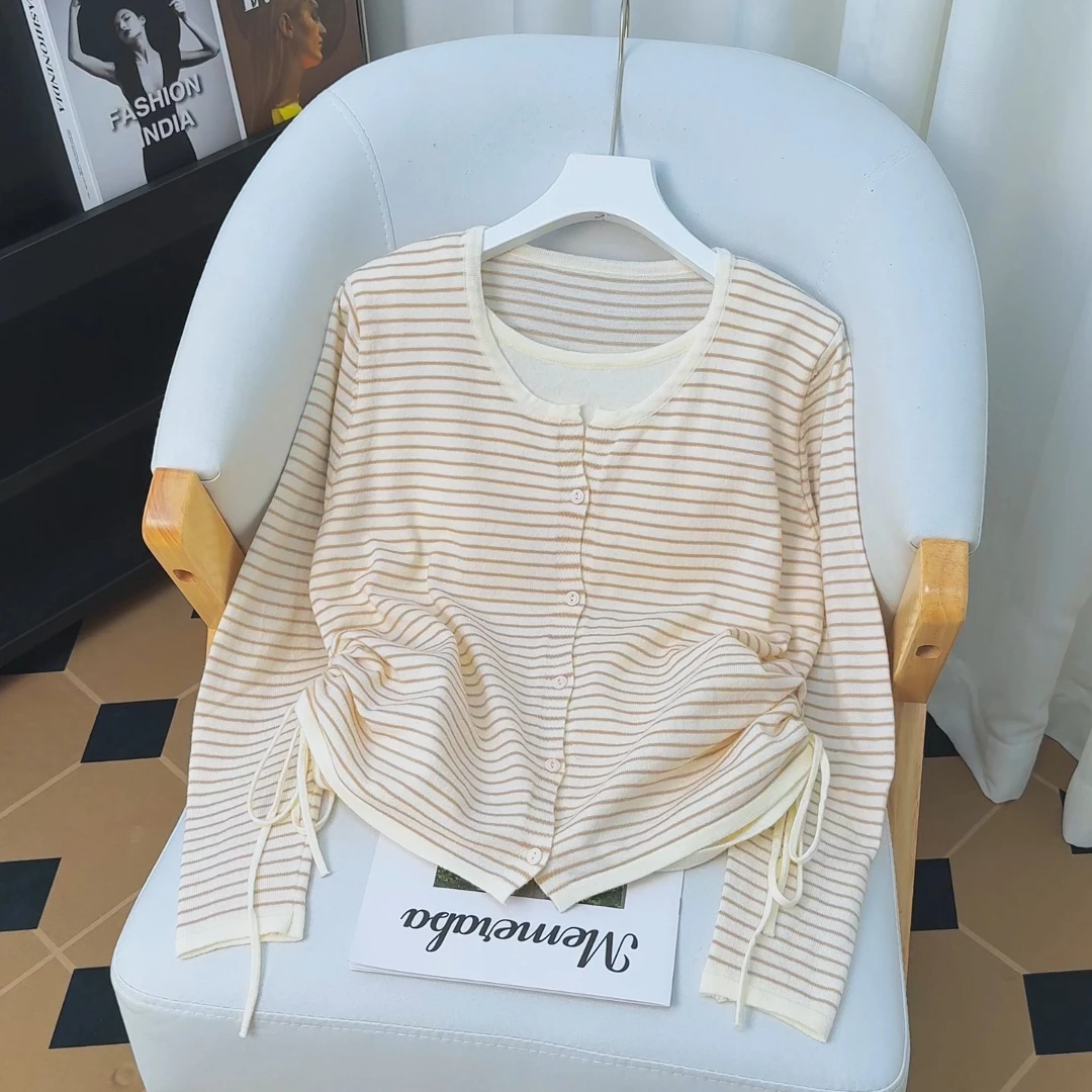 2025新款杏白条纹假两件抽绳长袖针织开衫女宽松显瘦百搭秋冬上衣