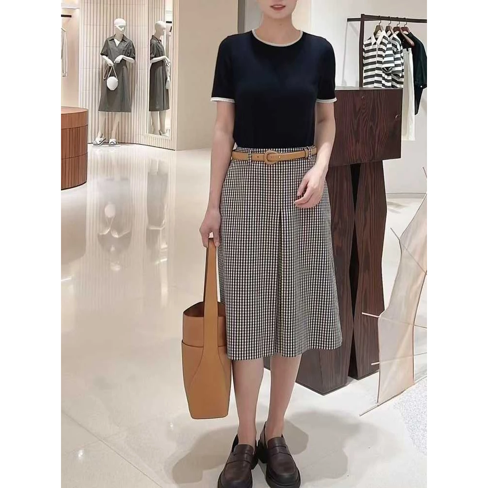 小香风自留款 绵羊毛圆领薄款针织短袖上衣黑色显瘦 夏季女装420A