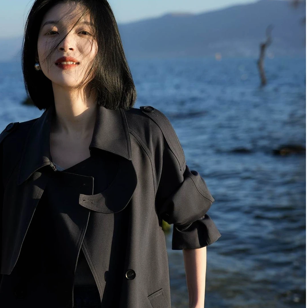 笑涵阁2025新款斜纹大翻领系带中长款风衣外套FYG764001FG/761276