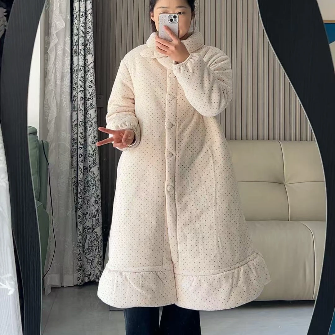 韩系小众简约长款波点冬季加厚牛角领气质睡袍女士保暖