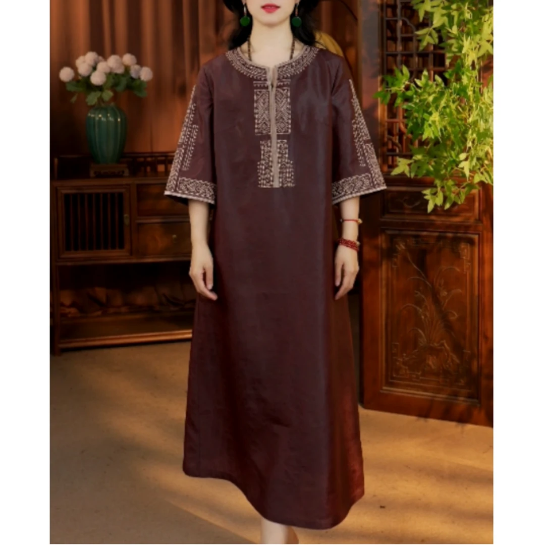 【苗绣】夏季新中式复古气质显瘦刺绣款重缎红云纱连衣裙85051