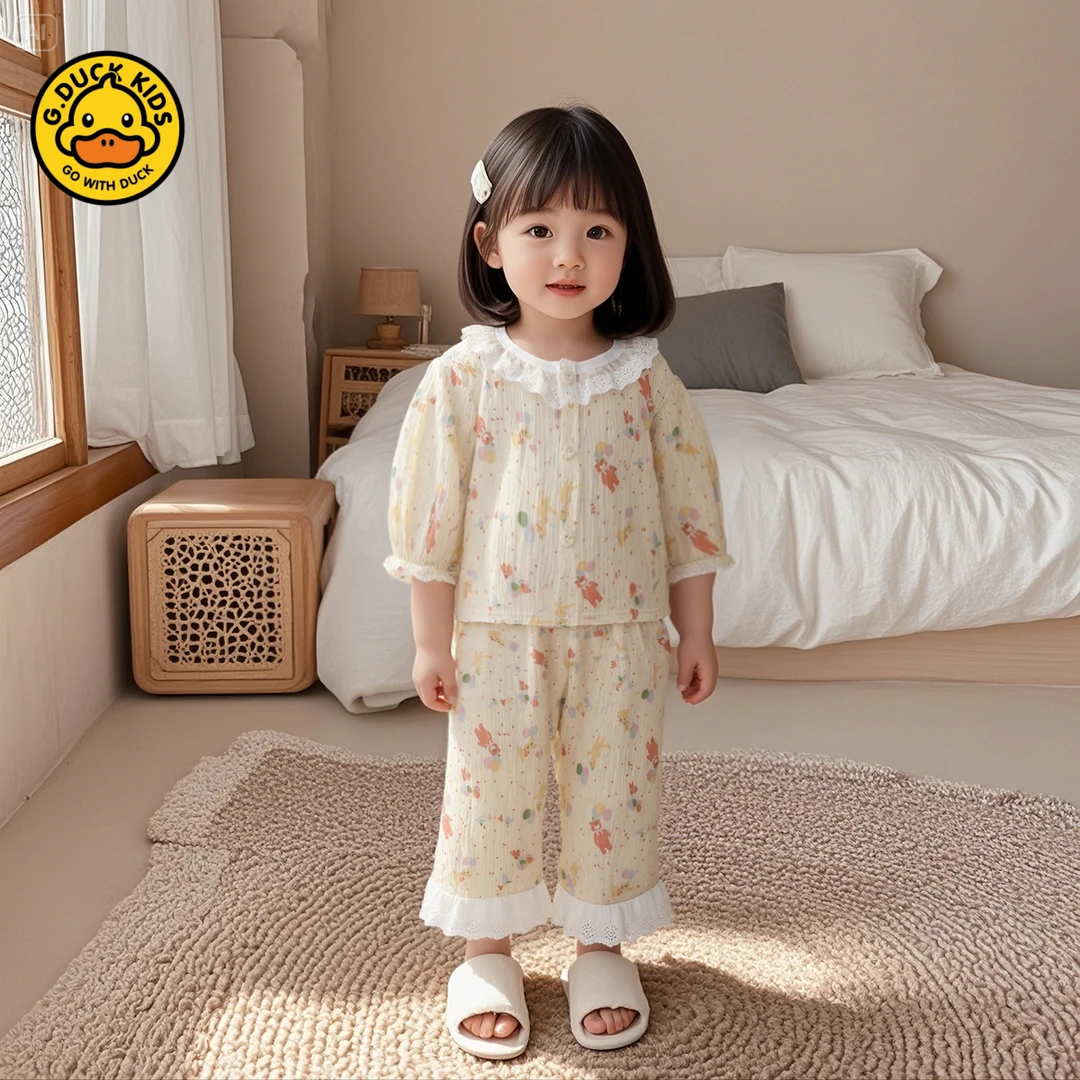 HAL.DUCK/哈罗小黄鸭空调服花边碎花新中小童女童家居袖纯棉套装