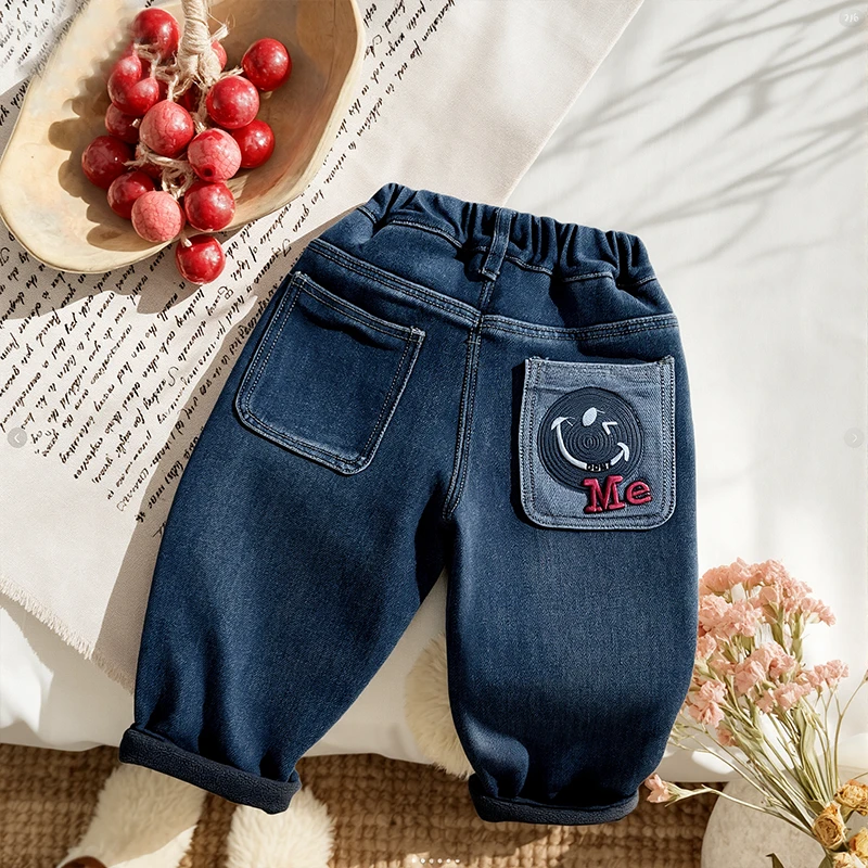 男童加绒牛仔裤子儿童韩版冬装中小童卡通宝宝冬季休闲一体绒长裤