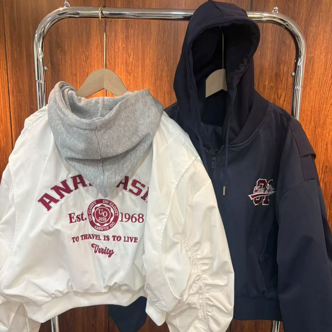 【大媛家】25春字母刺绣卫衣连帽拼接假两件棒球服外套装宽松洋气