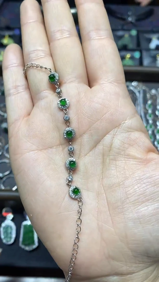 银S925镶嵌手链翡翠卿*多蛋面手链
