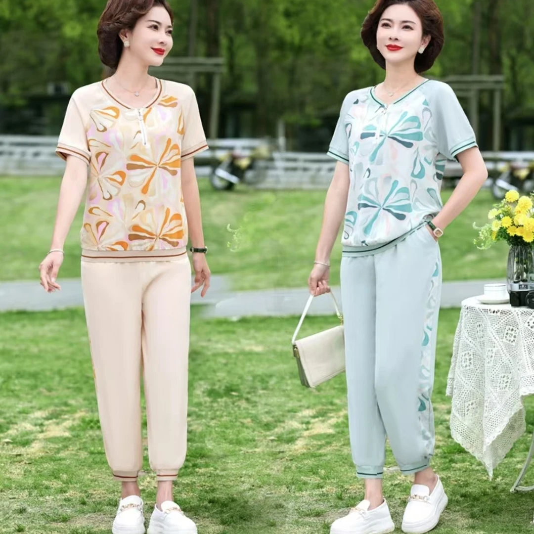 8696-妈妈夏装短袖卫衣两件套夏季新款中老年运动休闲套装B6-1-1