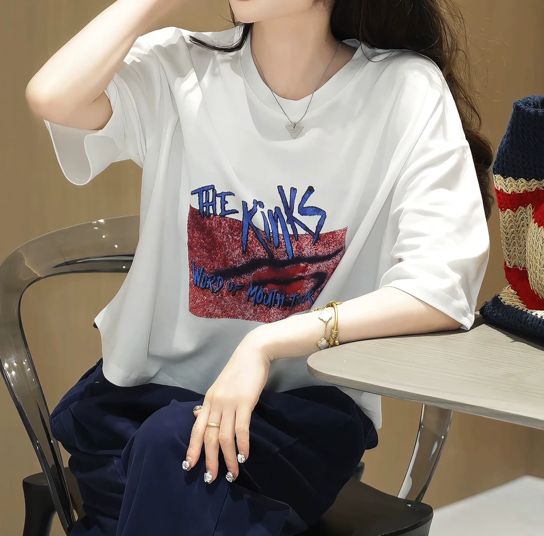 WANGXIANG 望巷时尚字母印花短袖T恤女夏季宽松显瘦遮肚圆领上衣