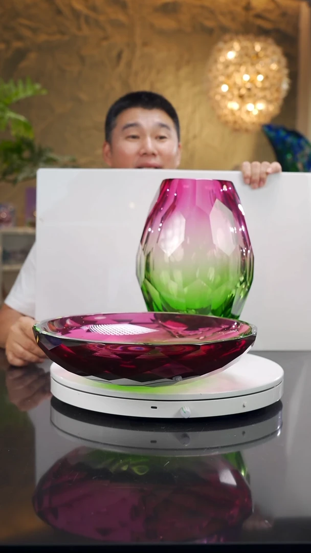 摆件小**下福利金红绿切面花瓶果盘一对专属价