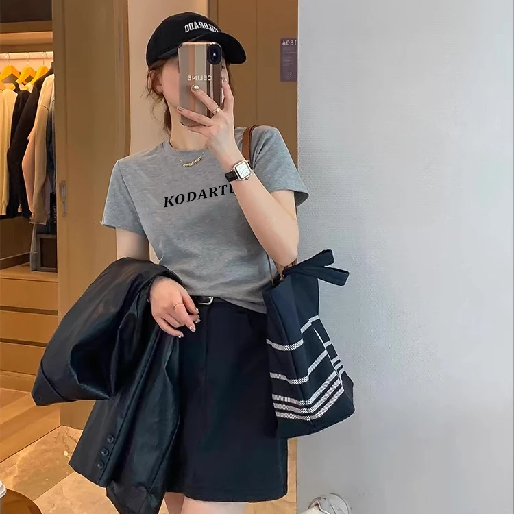 2025夏季新款韩版休闲时尚百搭圆领正肩圆领显瘦植绒短袖T恤女