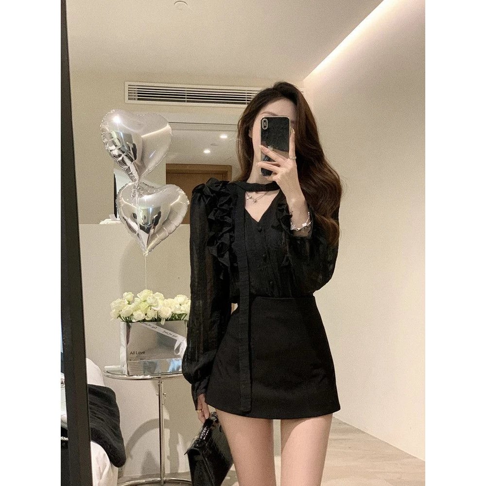 2025黑色木耳边系带长袖雪纺衬衫女早秋季新款设计感小众法式别致