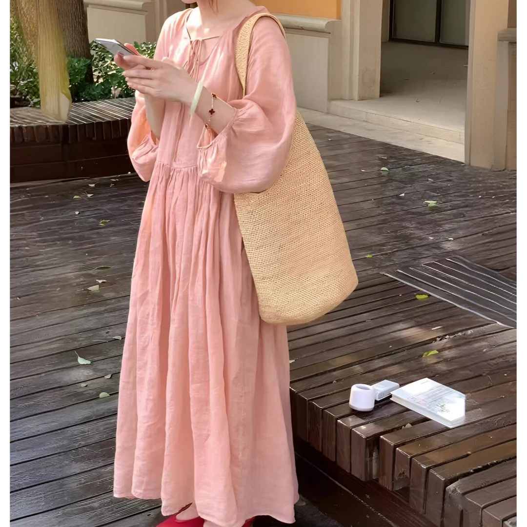 秋季莫奈风纯色时尚V领连衣裙宽松显瘦系带赫本风七分袖长裙女