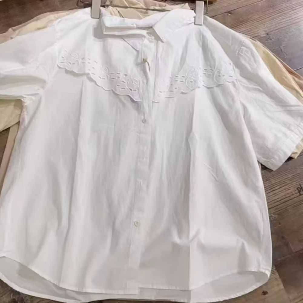 N524夏季新款纯色刺绣翻领短袖衬衫女上衣