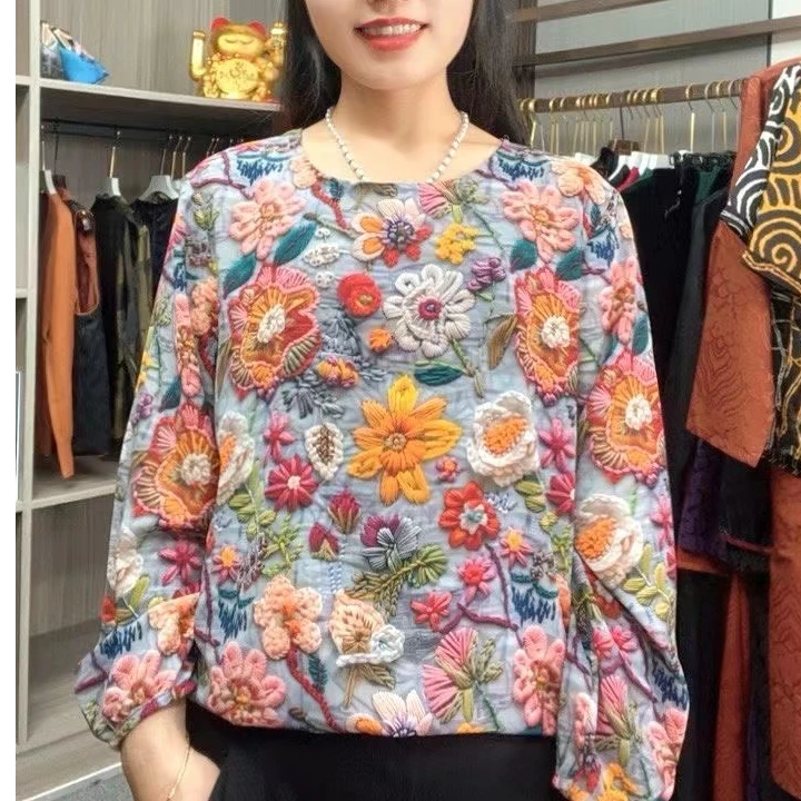 【新花王】春季立体印花新款显瘦时尚打底圆领洋气长袖妈妈装女上衣