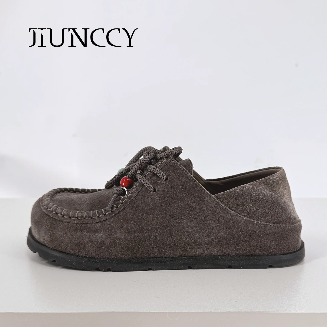 JIUNCCY【穆勒】 进口真皮手工绣花串珠鞋带装饰平底勃肯鞋52YXZ004