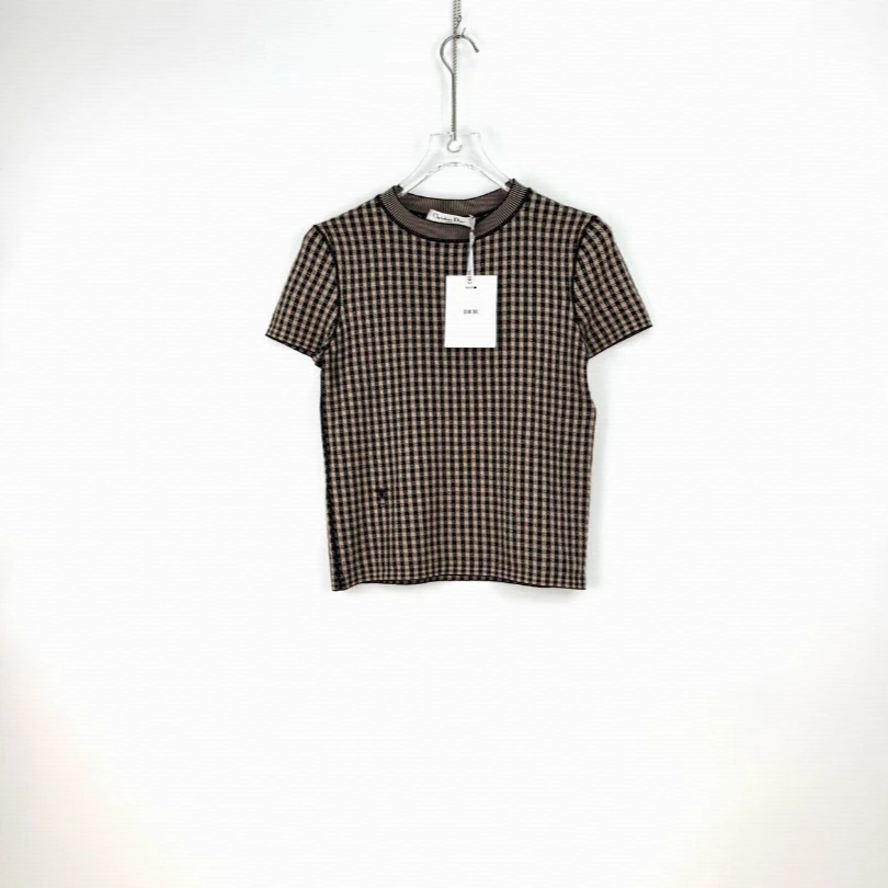 全新未使用 DIOR/迪奥 格纹针织短袖 棕黑/38