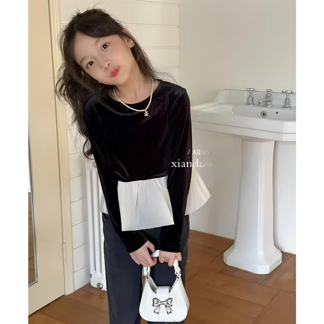 【高品质丝绒】女童丝绒拼接纱公主长袖T恤上衣儿童小香风礼服打底