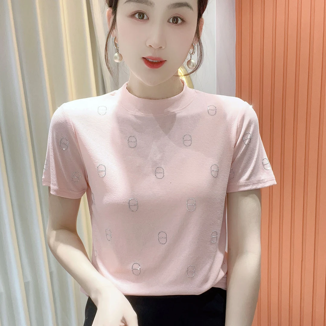 鑫坷春装中圆领烫钻显瘦气质时尚洋气百搭短袖打底小衫上衣女064