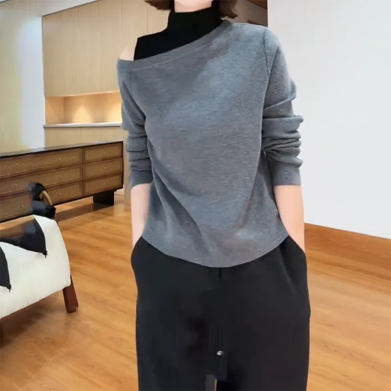 大码女装时尚修身露肩上衣女秋2025新款韩系撞色半高领假两件T恤