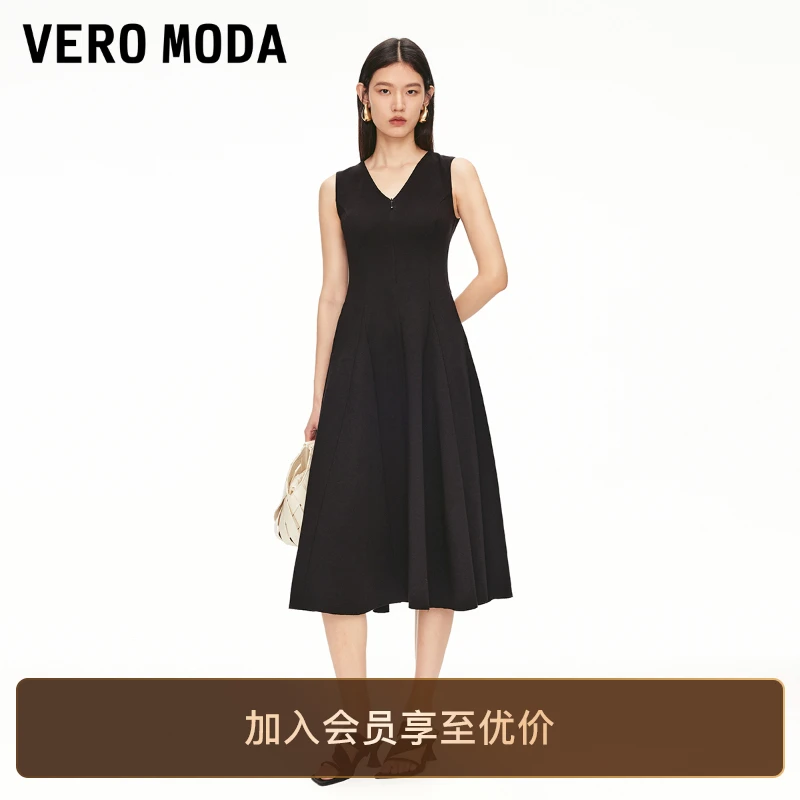 Vero Moda连衣裙2025新款含棉V领高腰线收褶洋气小黑裙小众知性风
