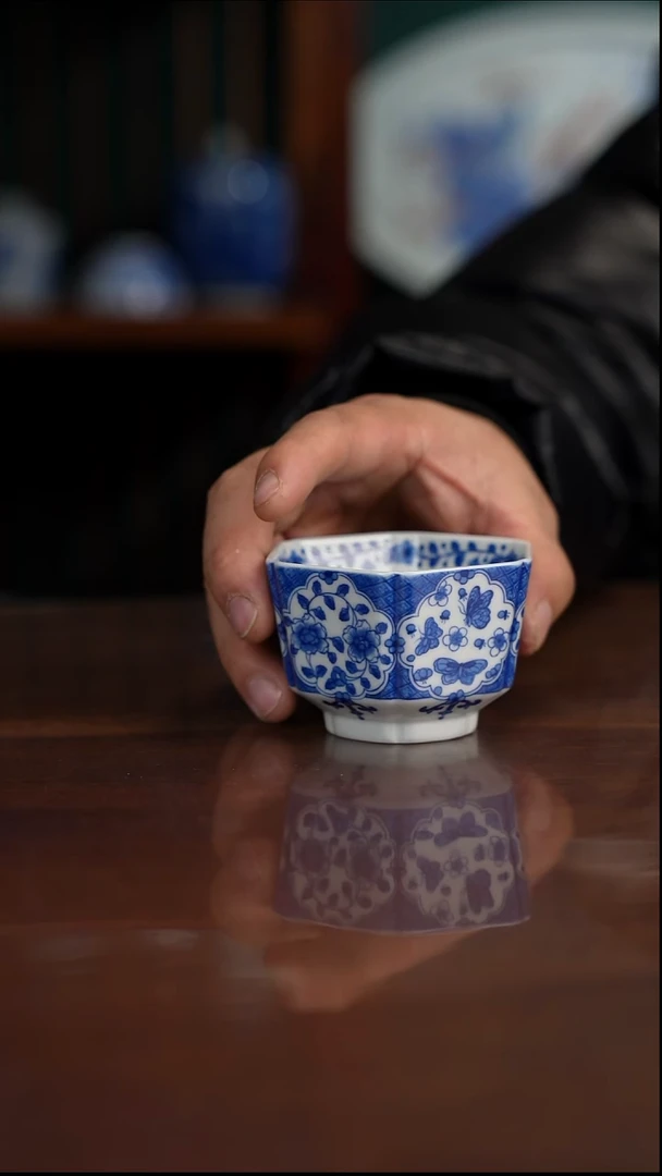 柴窑青花六方杯杯