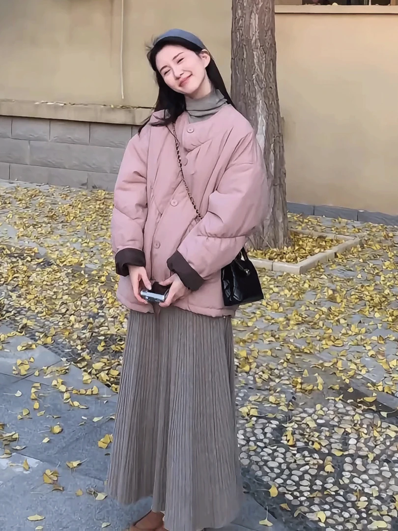 韩系休闲简约棉服女款冬季2025年新款减龄宽松百搭圆领保暖外套