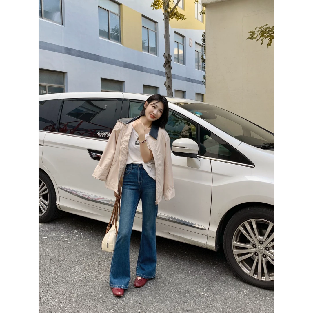 2025秋欧货小松菜25833韩版四面弹糯米牛仔超模喇叭裤牛仔裤女