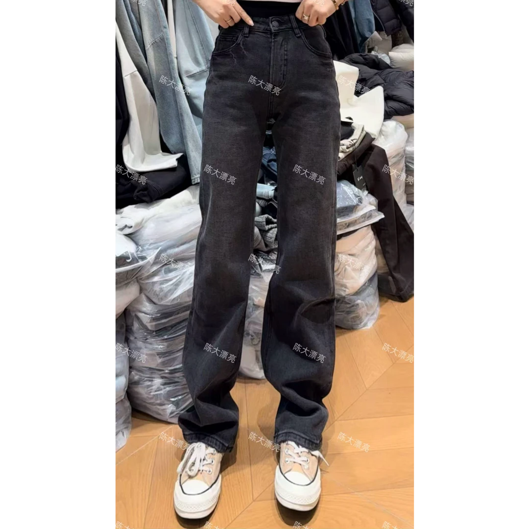 2025冬季新款黑灰直筒牛仔裤女