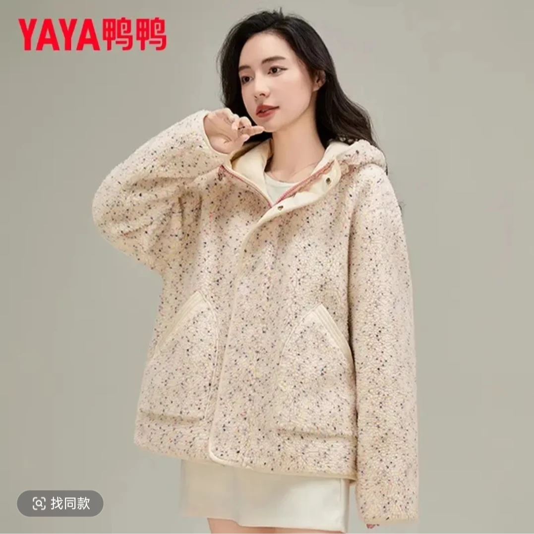 YAYA/鸭鸭羽绒服女短款冬时尚韩版宽松摇粒绒保暖外套YE4B618115L