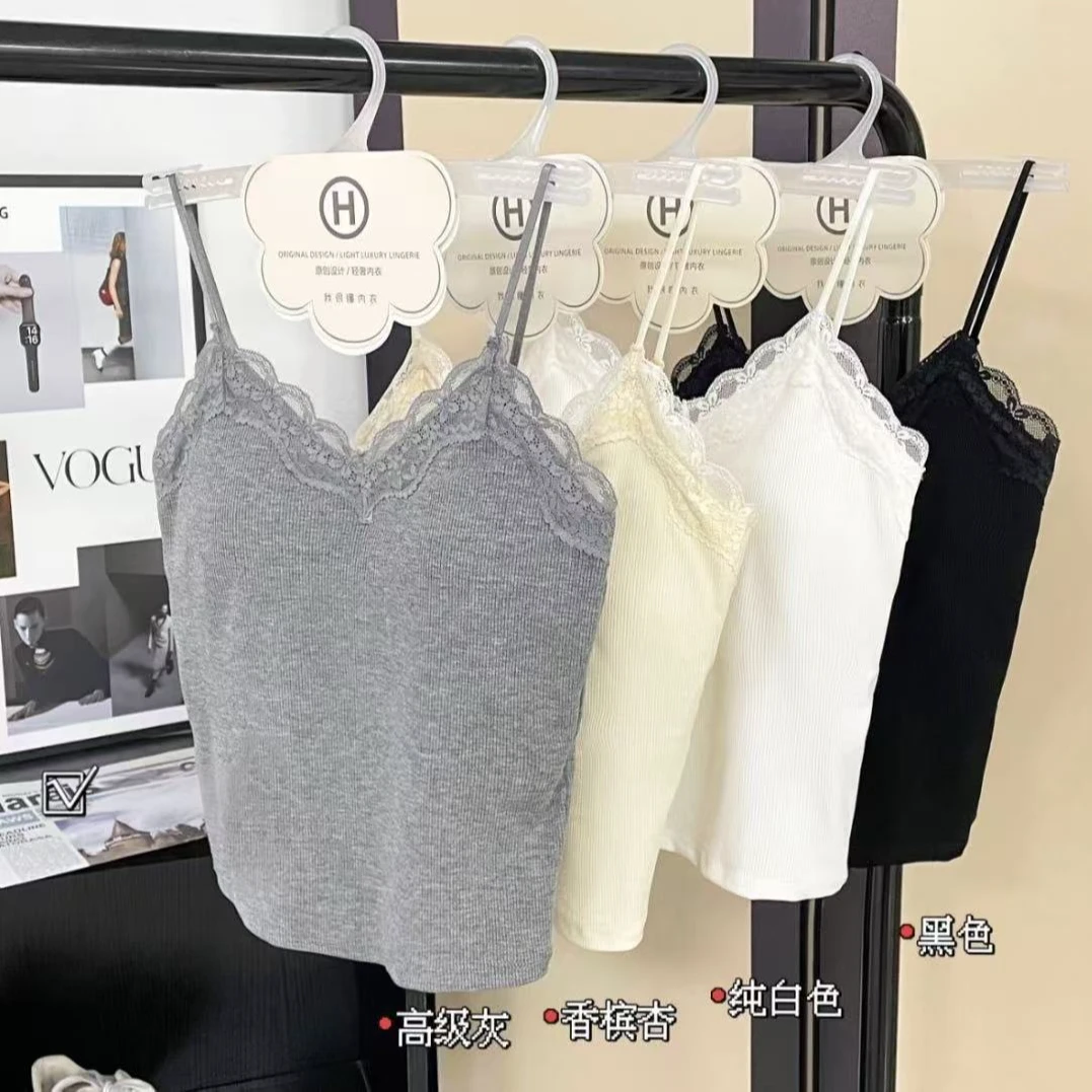 一体式螺纹韩系波浪形蕾丝拼接V领吊带修身背心美背