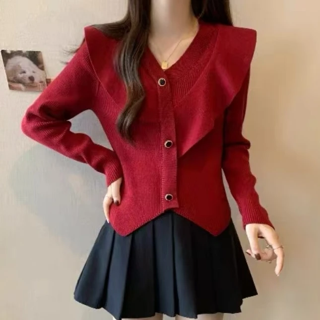 （617）大码秋冬气质甜美时尚V领针织打底衫法式减龄拼接荷叶边显瘦