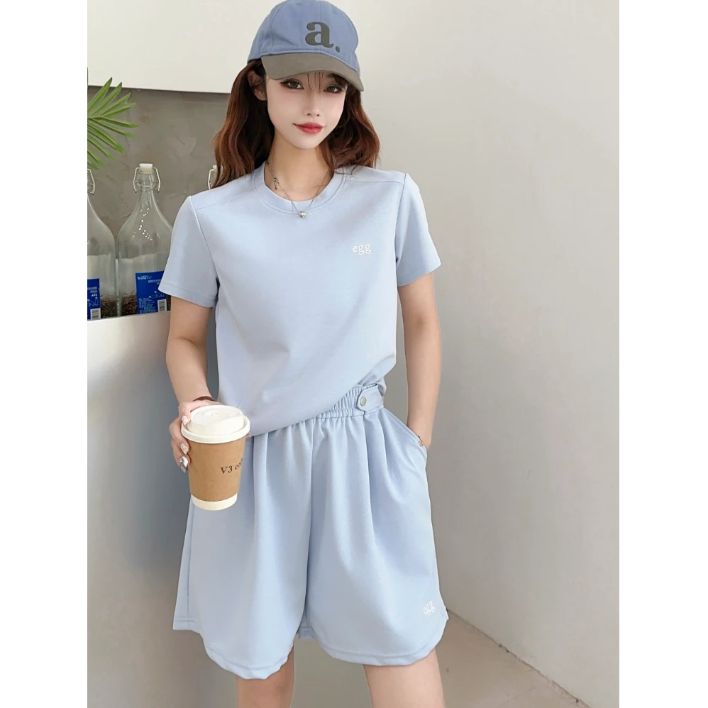 【正版授权egg】2025新夏季新款刺绣百搭显瘦鱼骨短袖套装2505-6-2