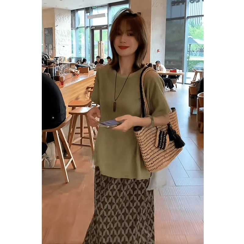 2025新款韩系超火夏季穿搭一整套女网纱短袖T恤高腰半身裙两件套