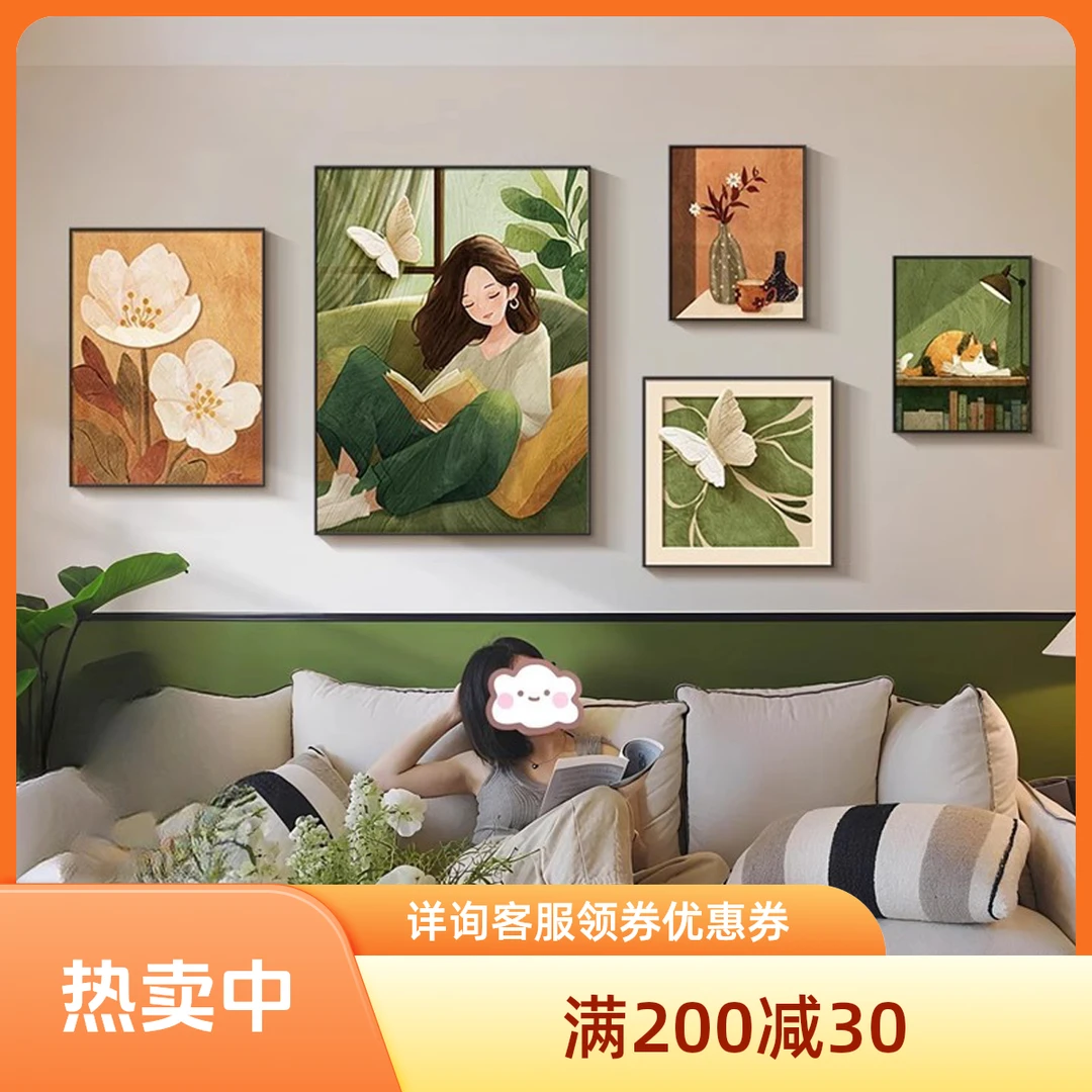 沙发背景墙挂画复古女孩客厅装饰画抽象艺术客厅背景墙挂画法式