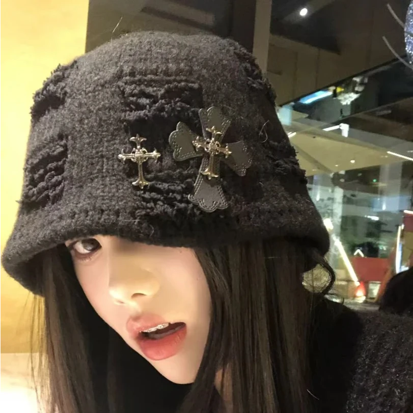 2025上新质感超好废土做旧风十字架针织渔夫帽女帽子大头围显脸小