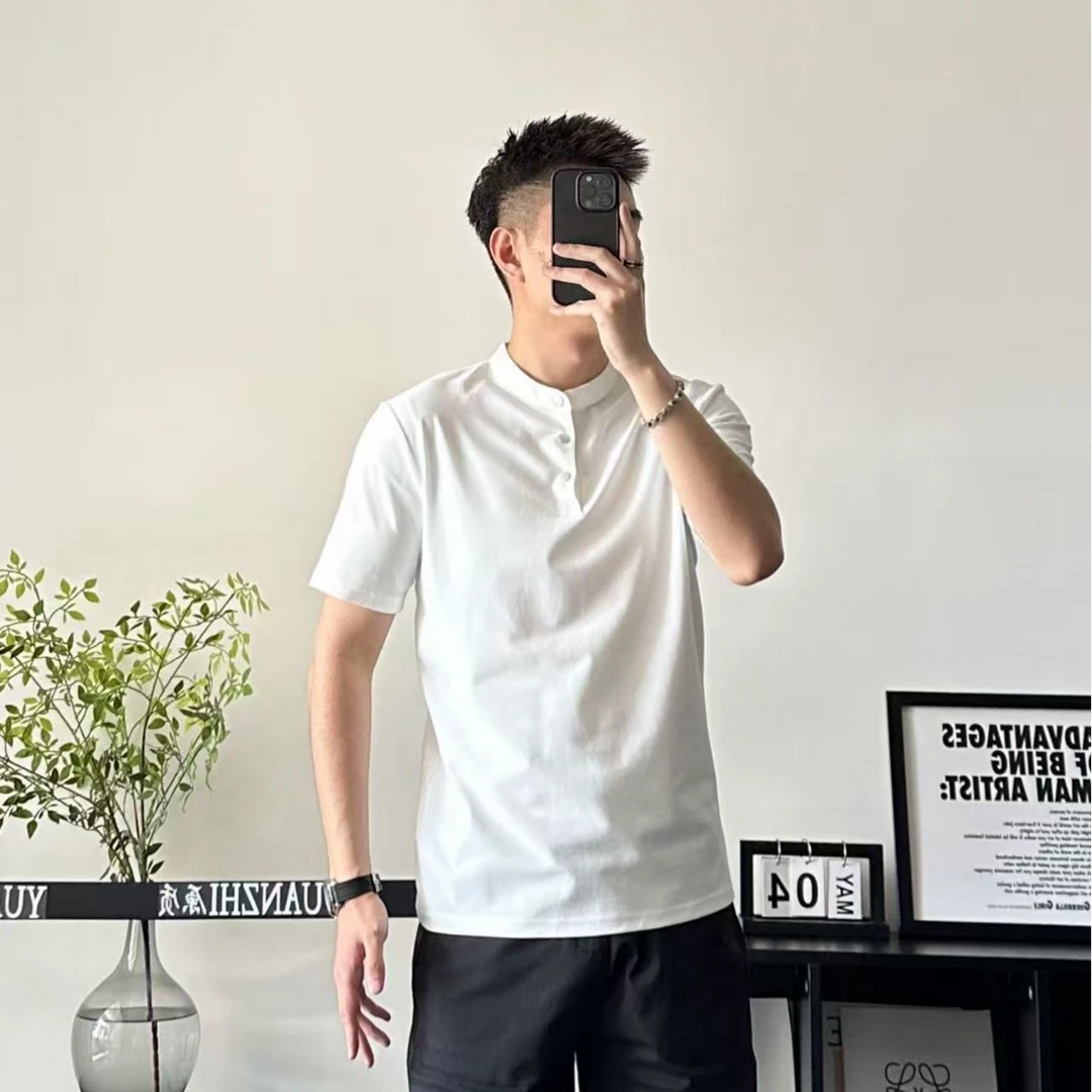YUANZHI夏季休闲简约百搭纯色亨利领T恤白色半袖上衣短袖男