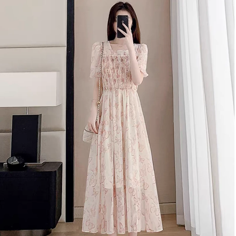 【艾丽莎定制】泡泡袖温柔风甜美收腰中长款时尚连衣裙-3273-13-4-7