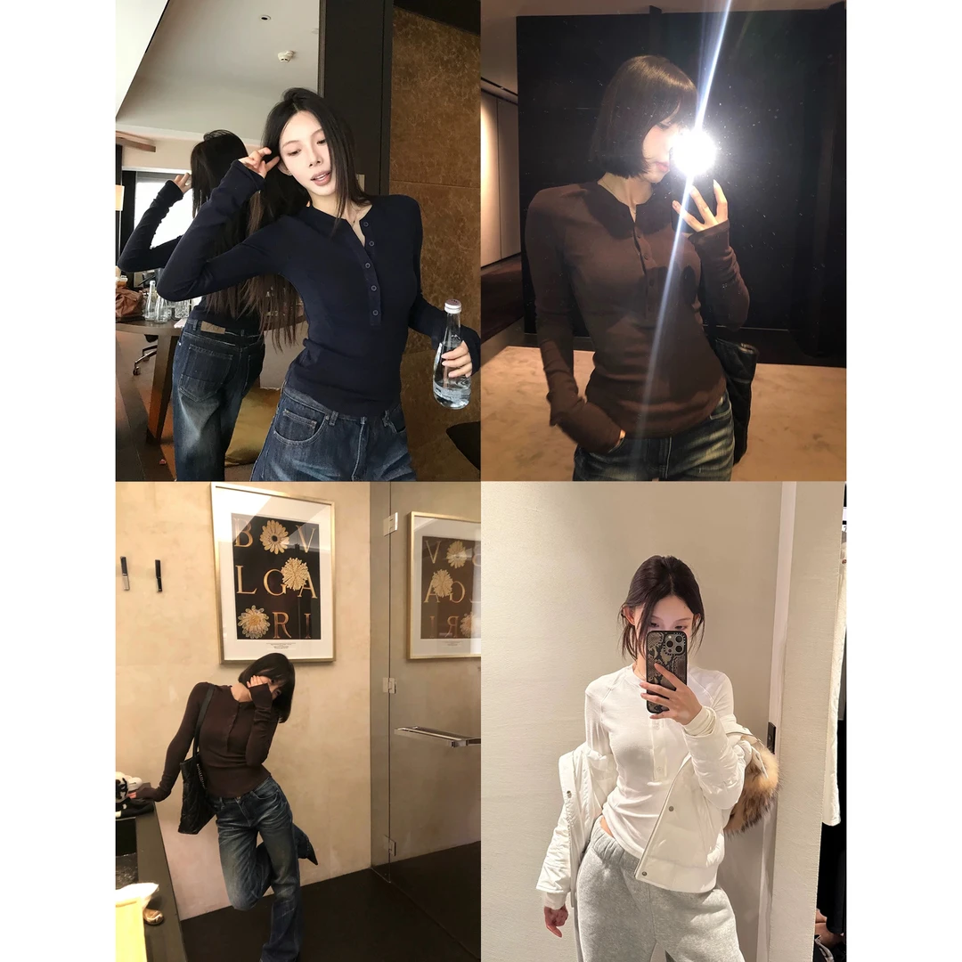 交叠线条时髦极简设计感长袖修身磨毛T恤C 9861#