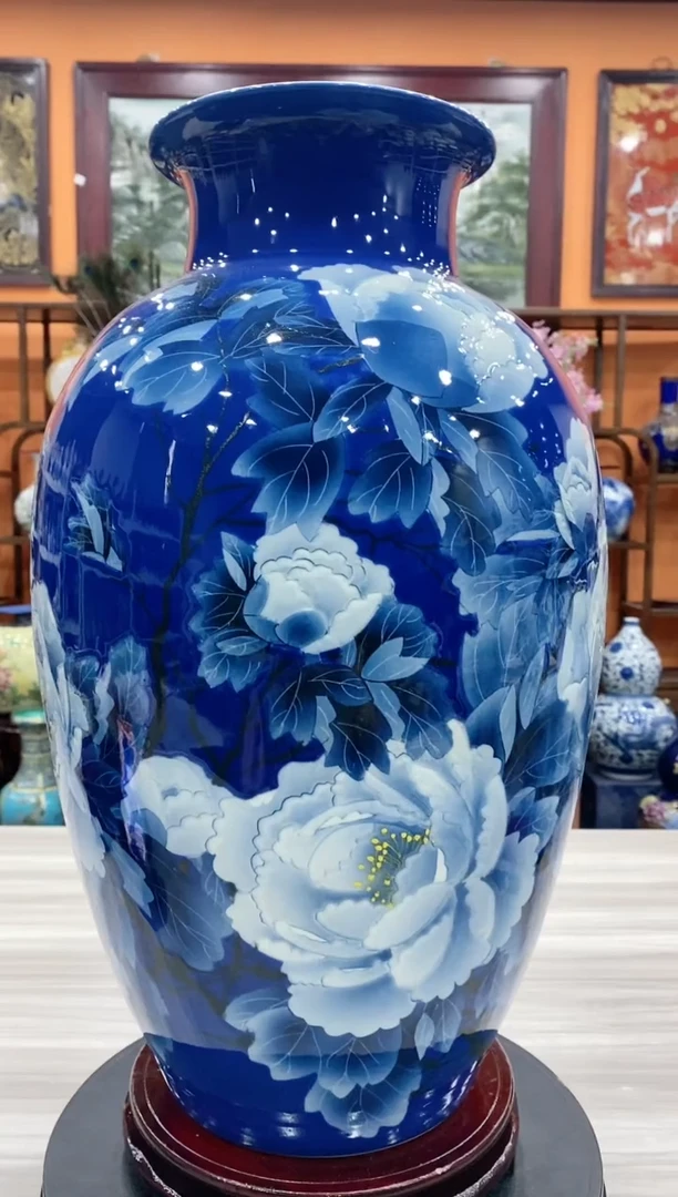 【闪购商品】瓶刘宗建《国色天香》梦幻蓝腰鼓瓶+旋转底座