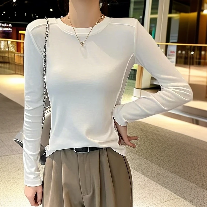 韩系甜酷白色鱼骨长袖t恤女春秋修身显瘦打底衫内搭上衣时尚百搭